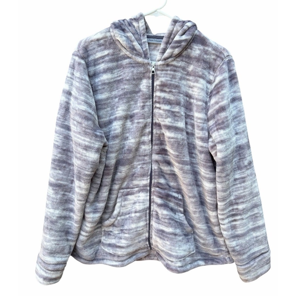 Jason Maxwell Womens XL Plush Faux Fur Hoodie Gray White Zip Jacket Soft